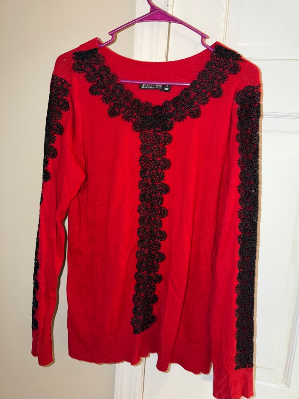 Red Knit Top with Black Lace Trim